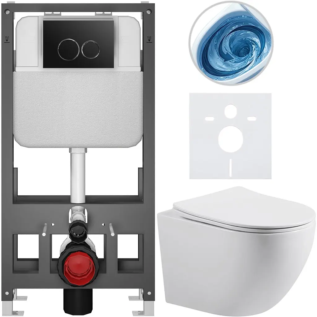 CERANO Kompletní WC set Basic/Cesso bílá lesklá WC tlačítko Dualo/Černá volně stojící předstěnová instalace 49x36  CER-8050BD85977