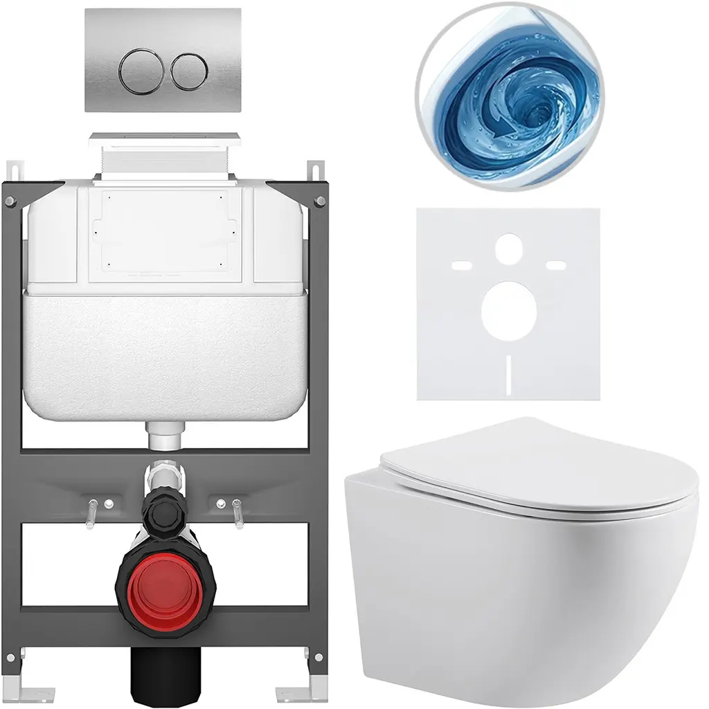 Kompletní WC set Basic/Cesso - bílá lesklá - WC tlačítko Dualo/Stříbrná - ovládání shora - předstěnová instalace - 49x36 cm - 8050BD85980