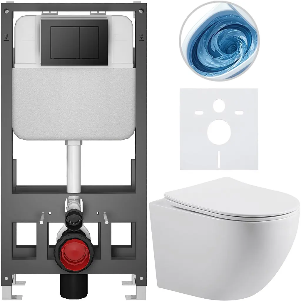 CERANO Kompletní WC set Basic/Cesso bílá lesklá WC tlačítko Maxio/Černá volně stojící předstěnová instalace 49x36 CER-8050BD85992