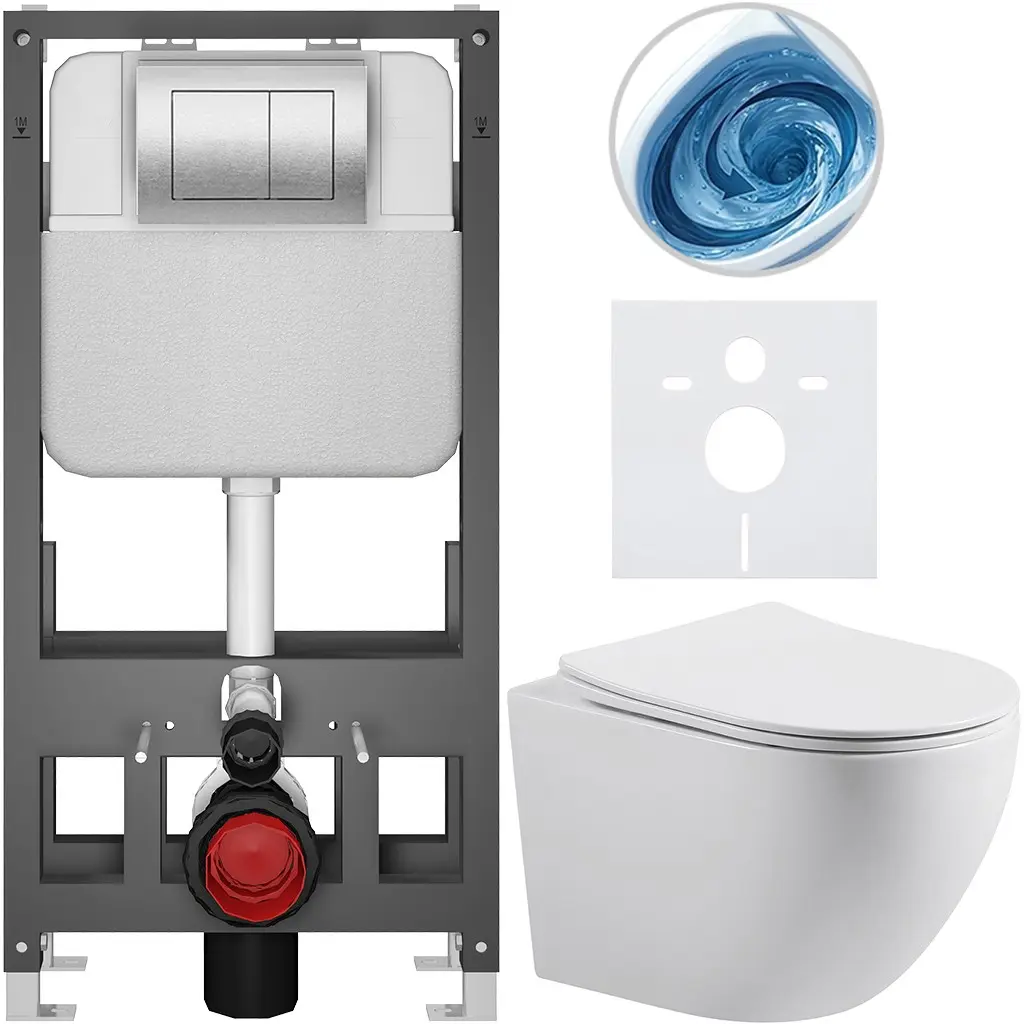 CERANO Kompletní WC set Basic/Cesso bílá lesklá WC tlačítko Maxio/Stříbrná volně stojící předstěnová instalace 49x36  CER-8050BD85997