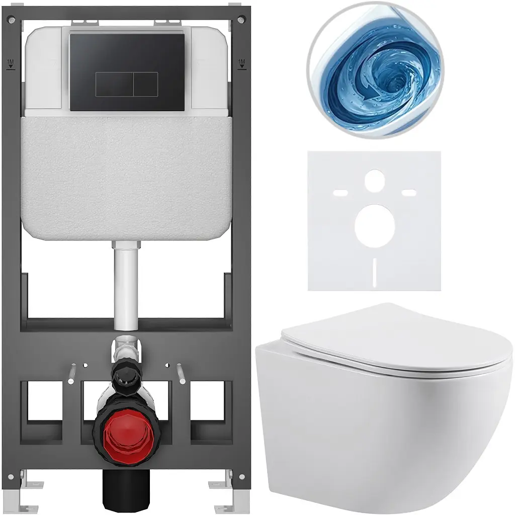 CERANO Kompletní WC set Basic/Cesso bílá lesklá WC tlačítko Modulo/Černá volně stojící předstěnová instalace 49x36 CER-8050BD86007