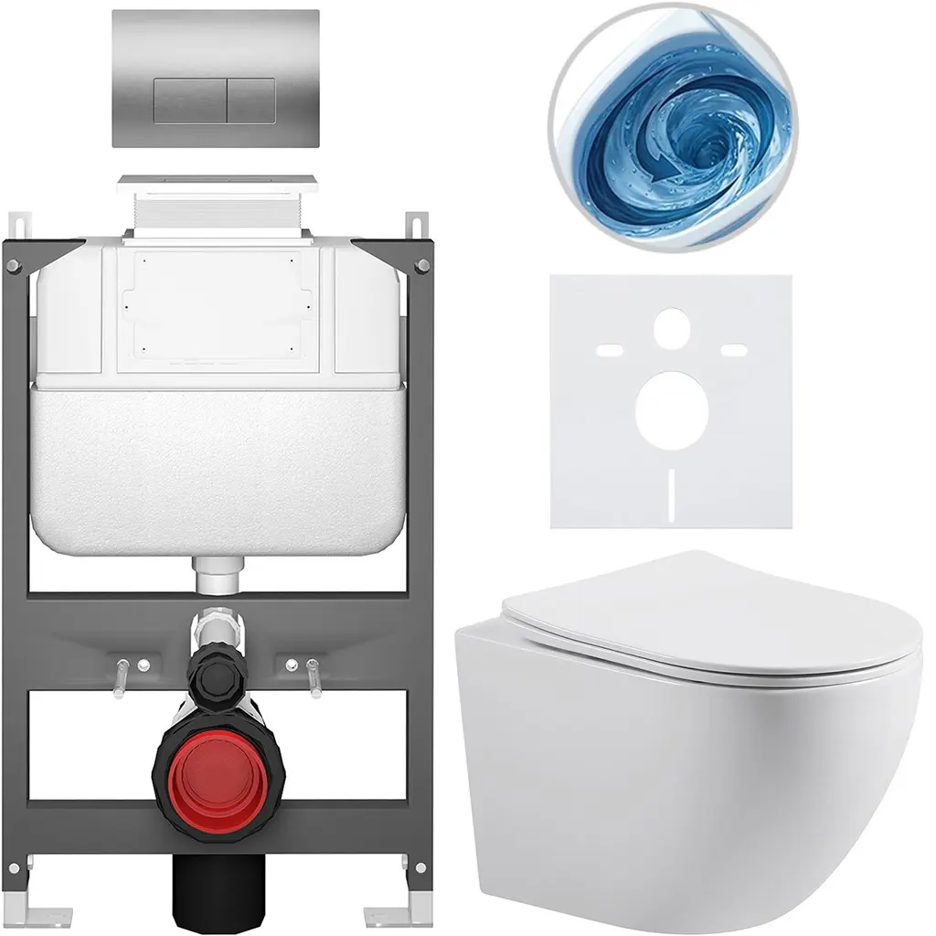 CERANO Kompletní WC set Basic/Cesso bílá lesklá WC tlačítko Modulo/Stříbrná ovládání shora předstěnová instalace 49x36  CER-8050BD86010
