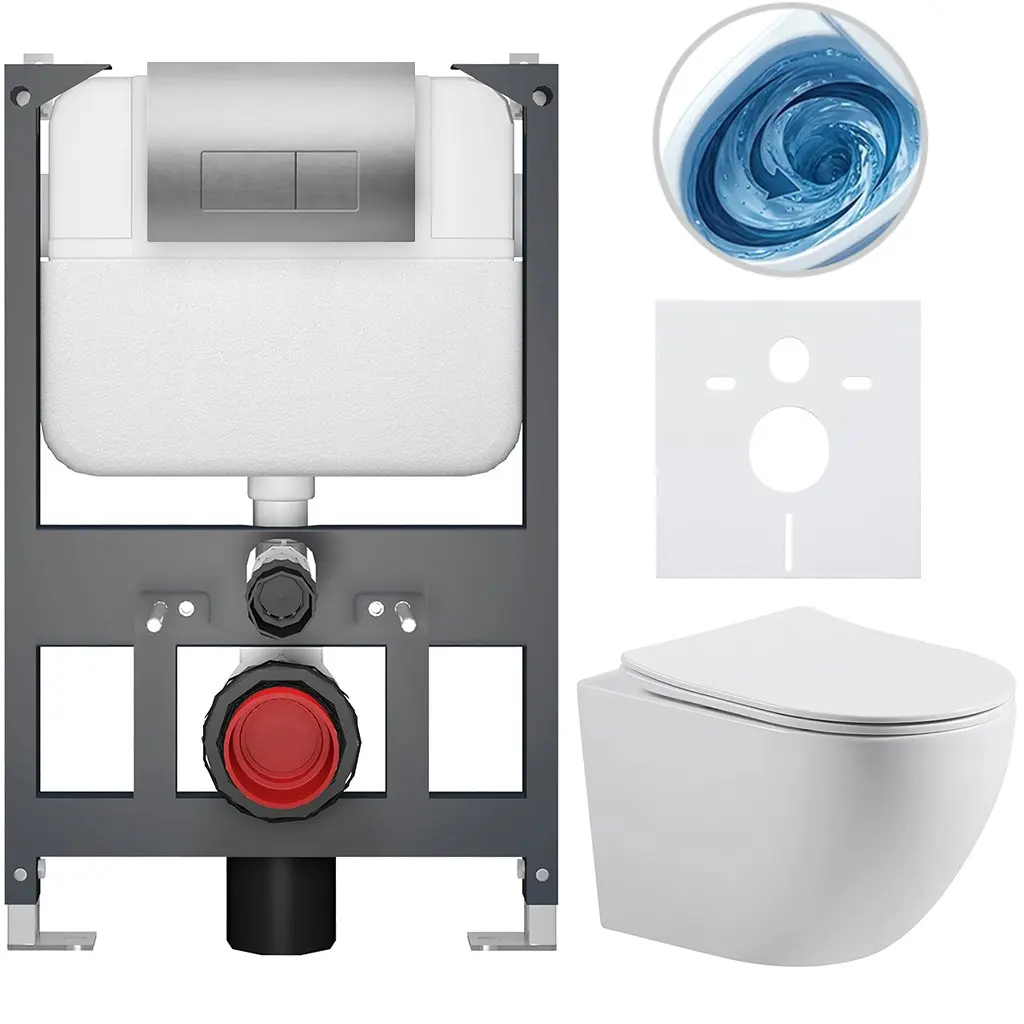 Kompletní WC set Basic/Cesso - bílá lesklá - WC tlačítko Modulo/Stříbrná - závěsné - nízký modul - předstěnová instalace - 49x36 cm - 8050BD86014