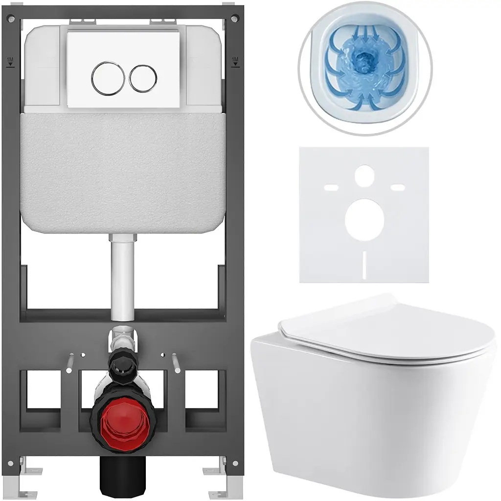 Kompletní WC set Basic/Carlito - bílá lesklá - WC tlačítko Dualo/Bílá - volně stojící - předstěnová instalace - 48,5x36,5 cm
