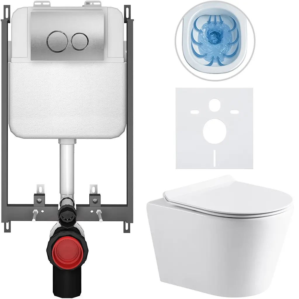 Kompletní WC set Basic/Carlito - bílá lesklá - WC tlačítko Dualo/Stříbrná - pro zazdění - 48,5x36,5 cm