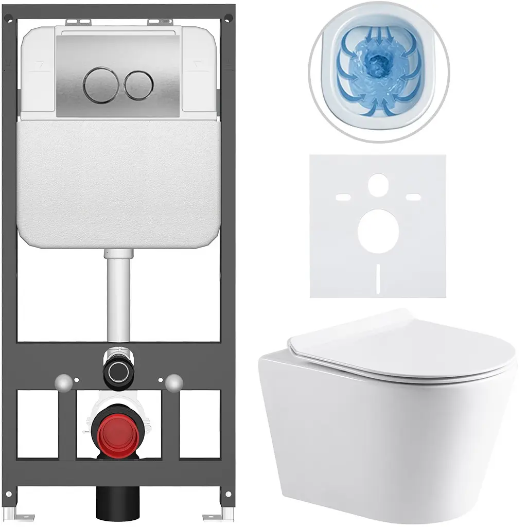 Kompletní WC set Basic/Carlito - bílá lesklá - WC tlačítko Dualo/Stříbrná - závěsné - předstěnová instalace - 48,5x36,5 cm