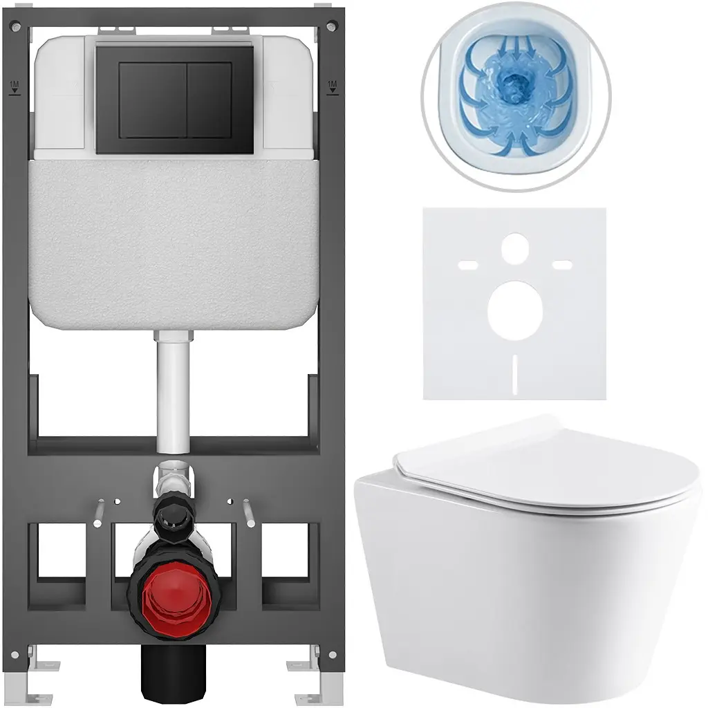 CERANO Kompletní WC set Basic/Carlito bílá lesklá WC tlačítko Maxio/Černá volně stojící předstěnová instalace 48,5x36,5 CER-8050BD86037