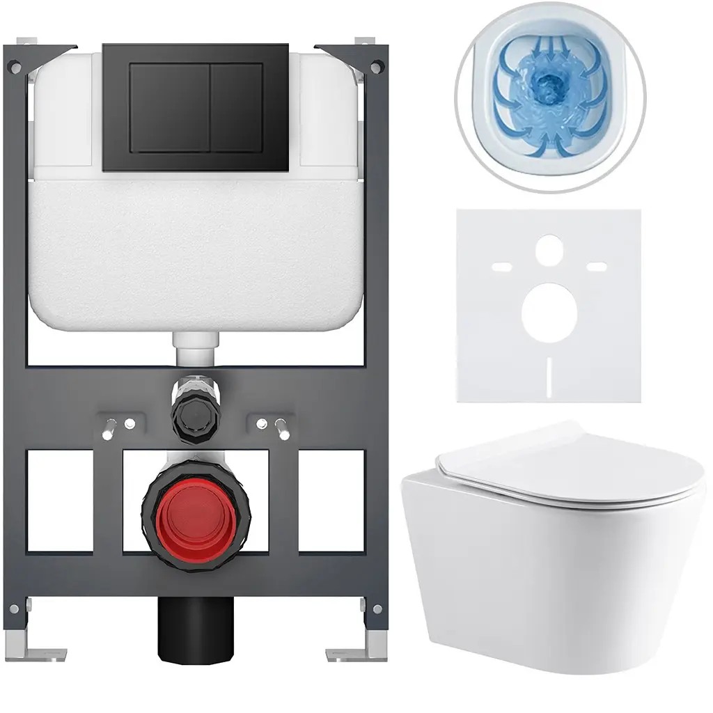 CERANO Kompletní WC set Basic/Carlito bílá lesklá WC tlačítko Maxio/Černá závěsné nízký modul předstěnová instalace 48,5x36,5  CER-8050BD86039