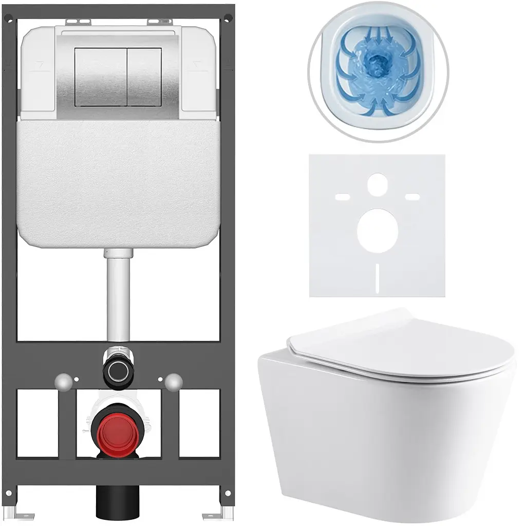 Kompletní WC set Basic/Carlito - bílá lesklá - WC tlačítko Maxio/Stříbrná - závěsné - předstěnová instalace - 48,5x36,5 cm