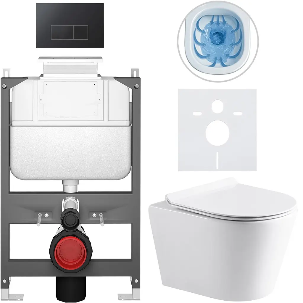 Kompletní WC set Basic/Carlito - bílá lesklá - WC tlačítko Modulo/Černá - ovládání shora - předstěnová instalace - 48,5x36,5 cm