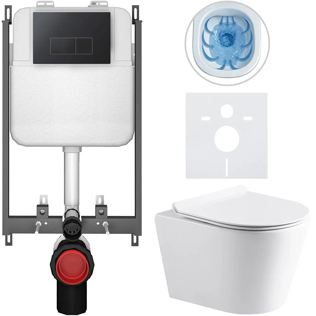 CERANO Kompletní WC set Basic/Carlito bílá lesklá WC tlačítko Modulo/Černá pro zazdění 48,5x36,5 CER-8050BD86051