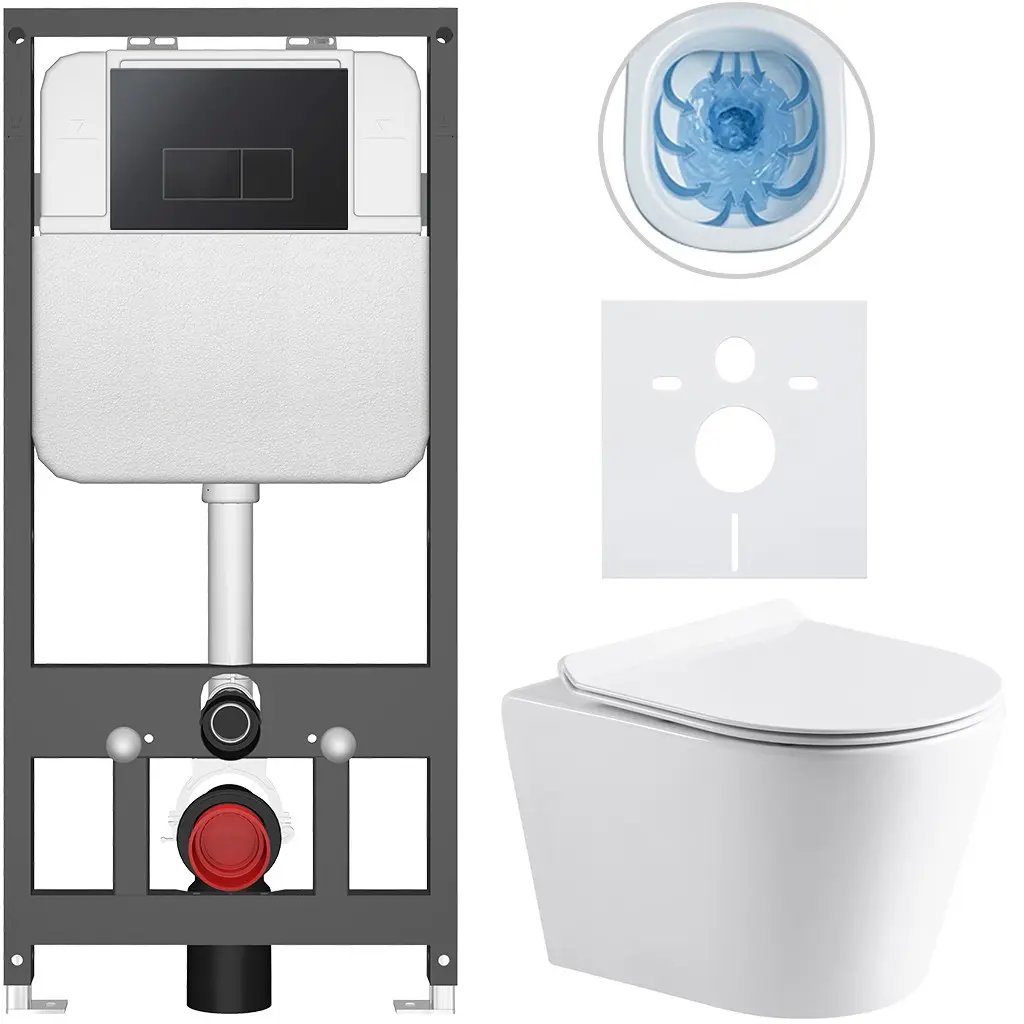 Kompletní WC set Basic/Carlito - bílá lesklá - WC tlačítko Modulo/Černá - závěsné - předstěnová instalace - 48,5x36,5 cm