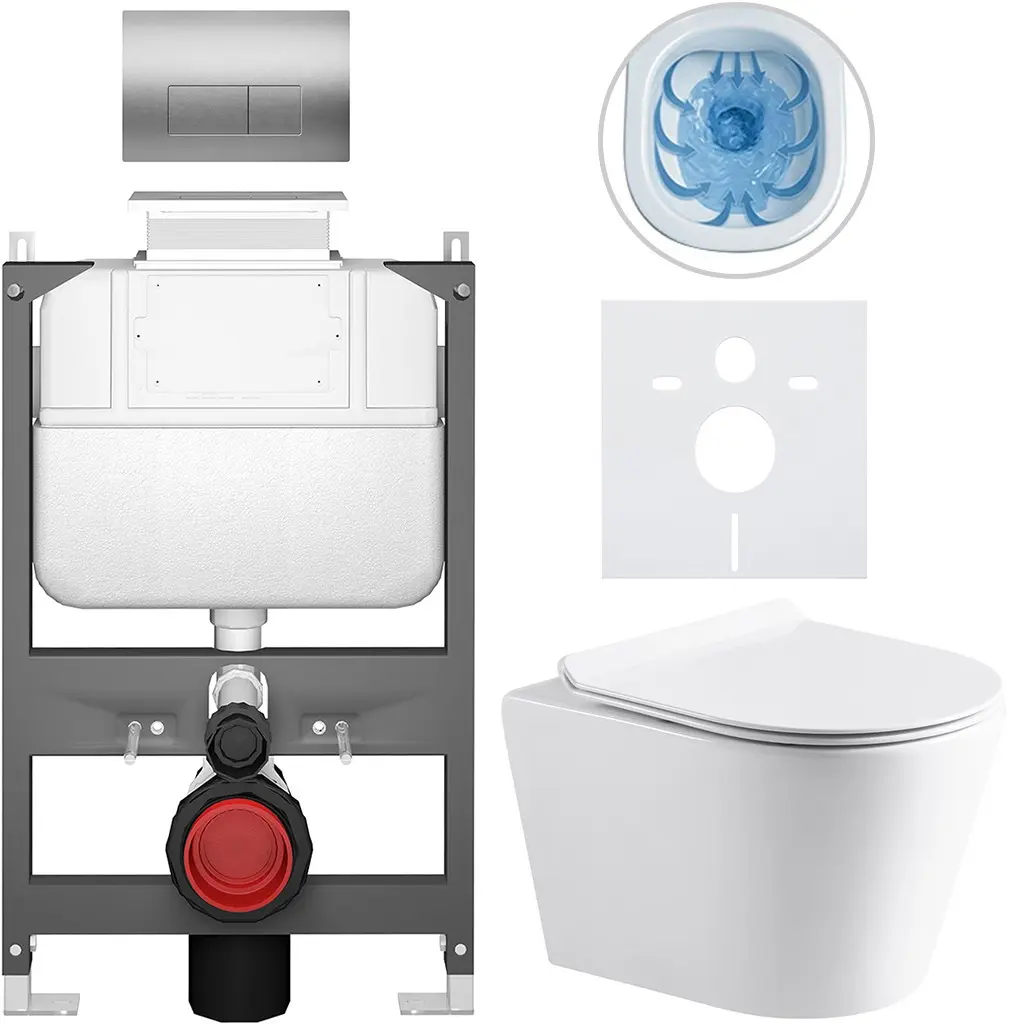 CERANO Kompletní WC set Basic/Carlito bílá lesklá WC tlačítko Modulo/Stříbrná ovládání shora předstěnová instalace 48,5x36,5  CER-8050BD86055