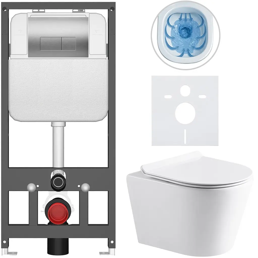 Kompletní WC set Basic/Carlito - bílá lesklá - WC tlačítko Modulo/Stříbrná - závěsné - předstěnová instalace - 48,5x36,5 cm