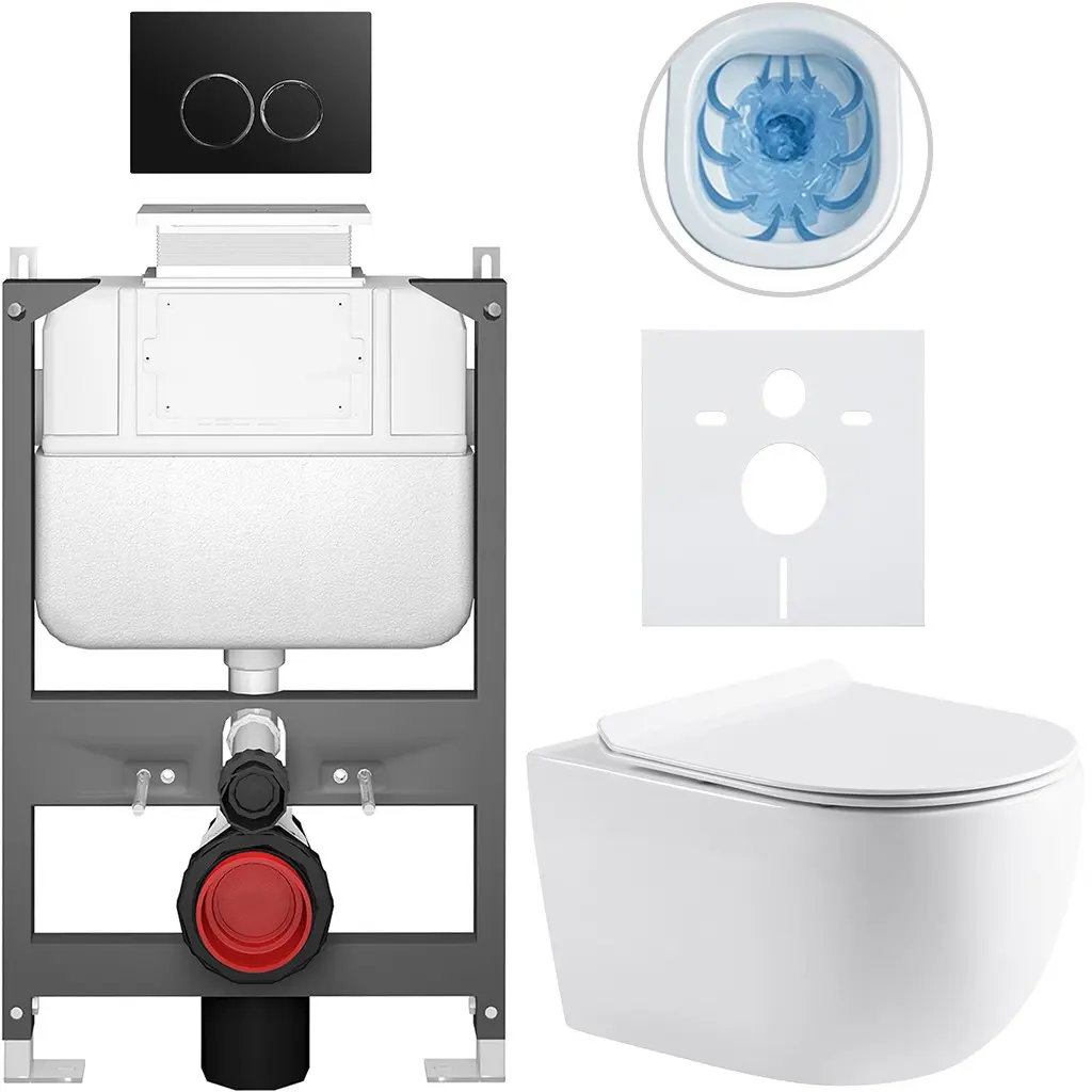 CERANO Kompletní WC set Basic/Felci bílá lesklá WC tlačítko Dualo/Černá ovládání shora předstěnová instalace 53x37  CER-8050BD86065