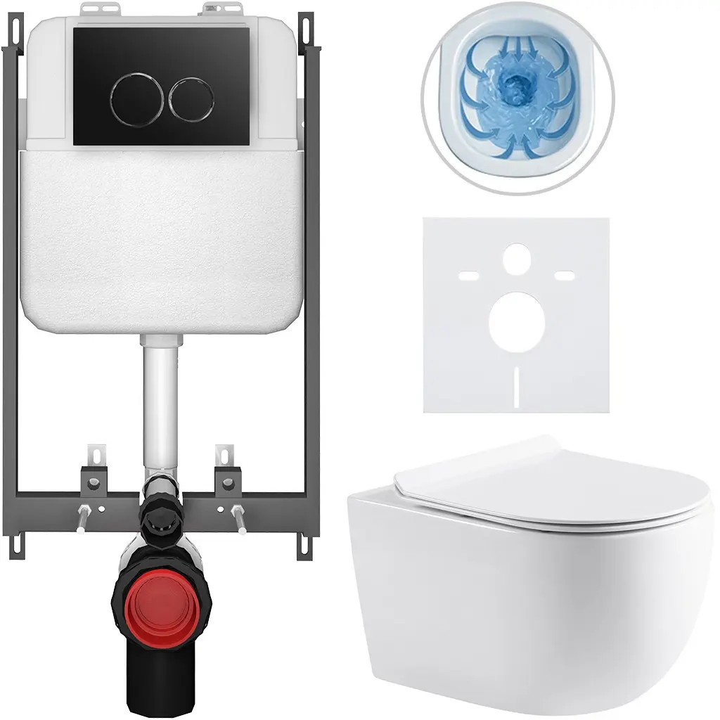 CERANO Kompletní WC set Basic/Felci bílá lesklá WC tlačítko Dualo/Černá pro zazdění 53x37 CER-8050BD86066