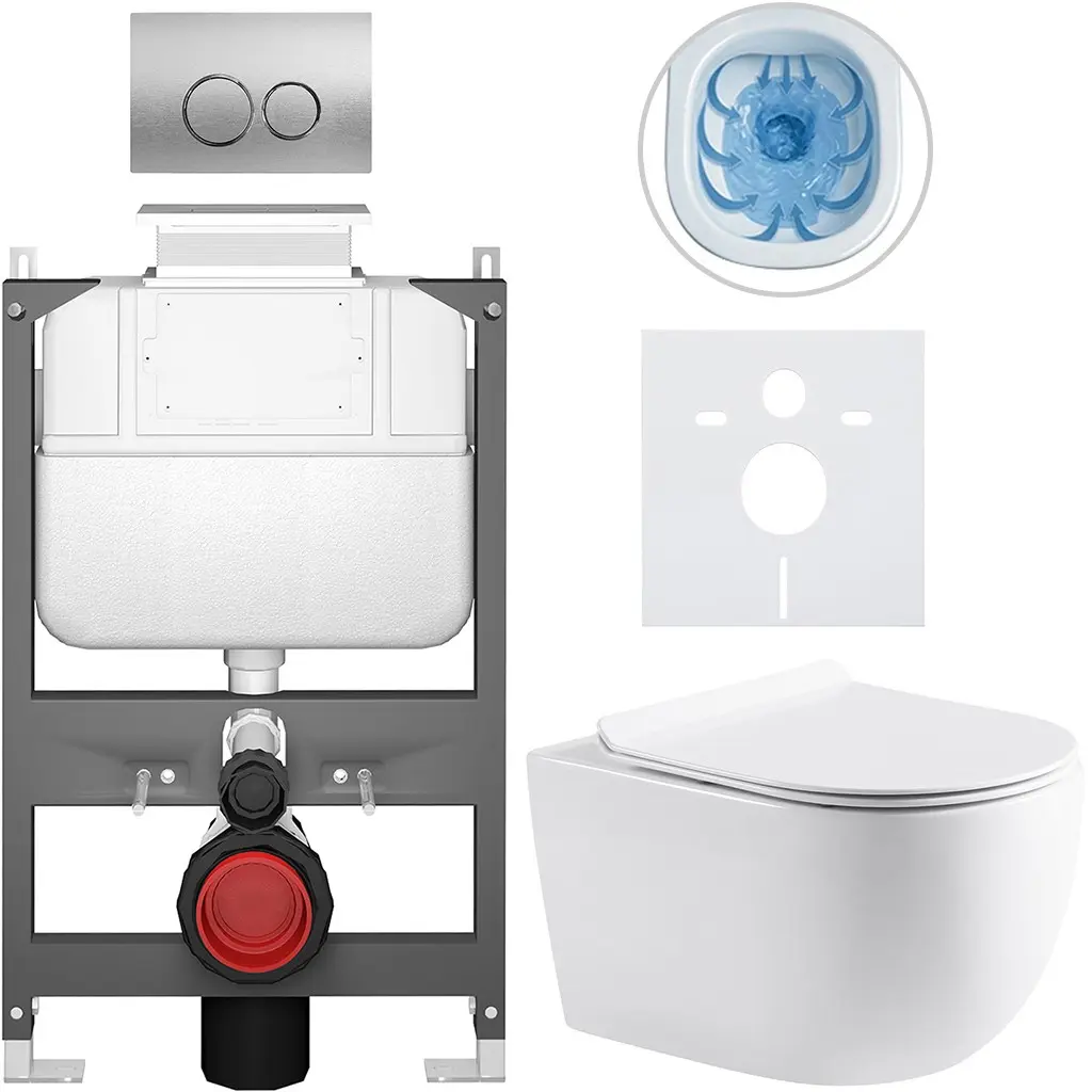 CERANO Kompletní WC set Basic/Felci bílá lesklá WC tlačítko Dualo/Stříbrná ovládání shora předstěnová instalace 53x37 CER-8050BD86070