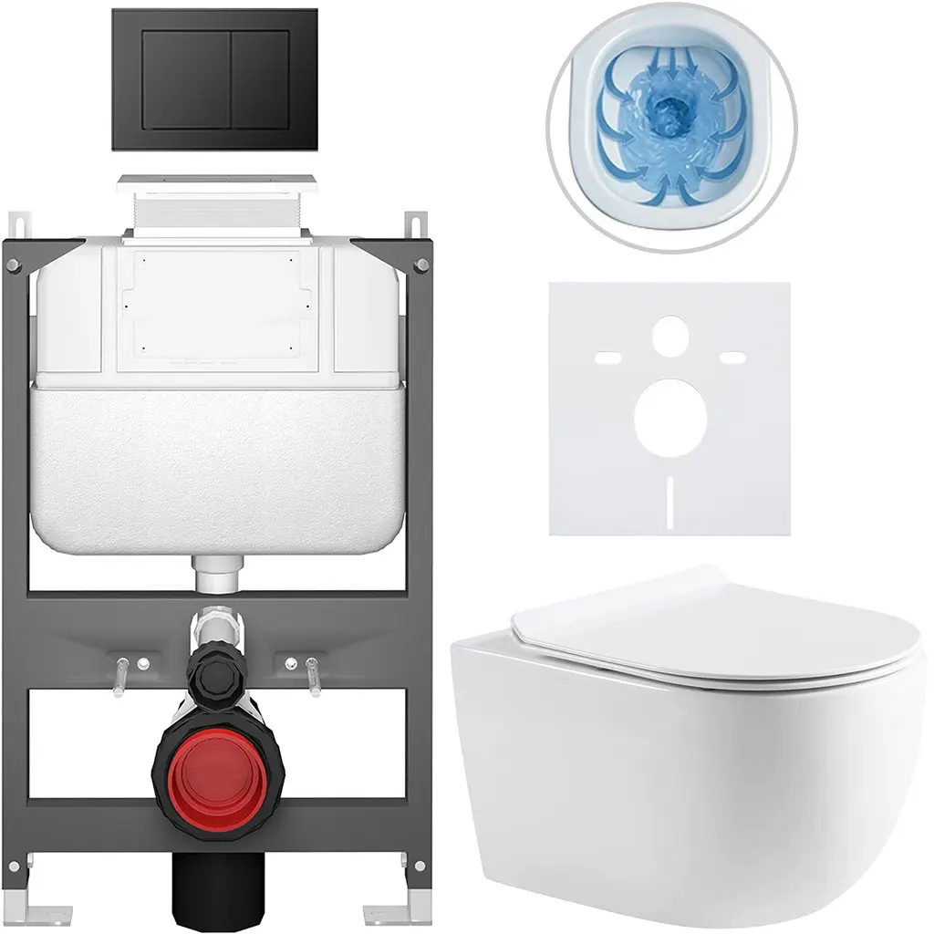 Kompletní WC set Basic/Felci - bílá lesklá - WC tlačítko Maxio/Černá - ovládání shora - předstěnová instalace - 53x37 cm