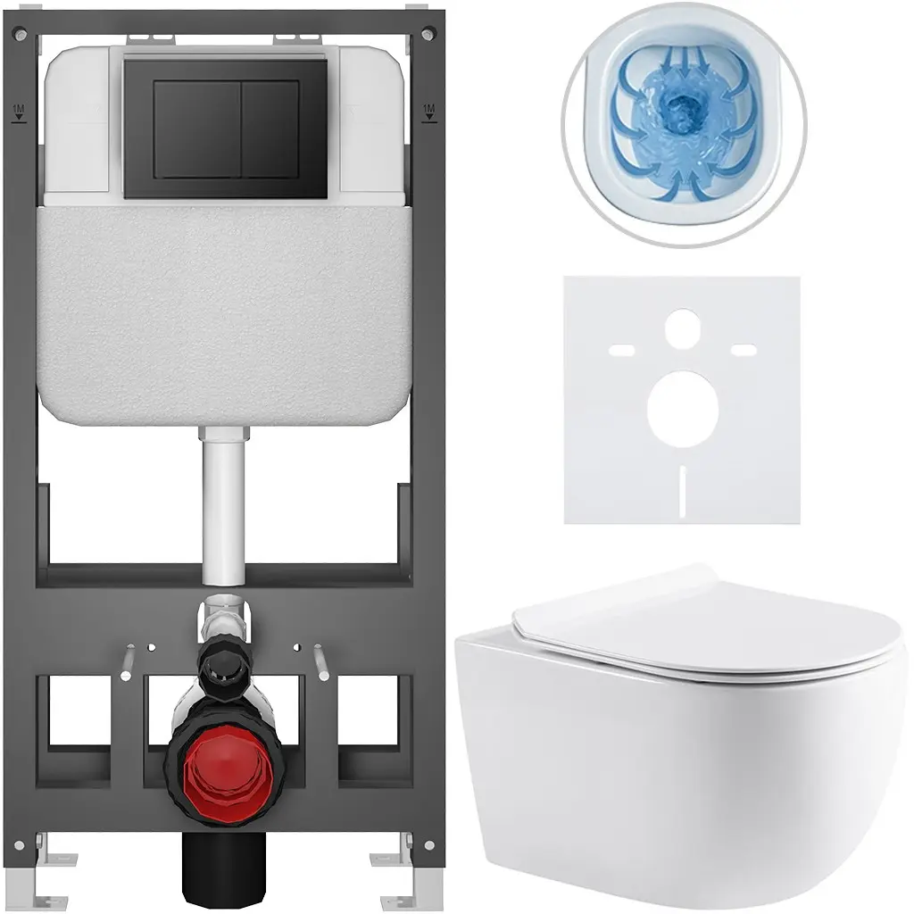 CERANO Kompletní WC set Basic/Felci bílá lesklá WC tlačítko Maxio/Černá volně stojící předstěnová instalace 53x37 CER-8050BD86082