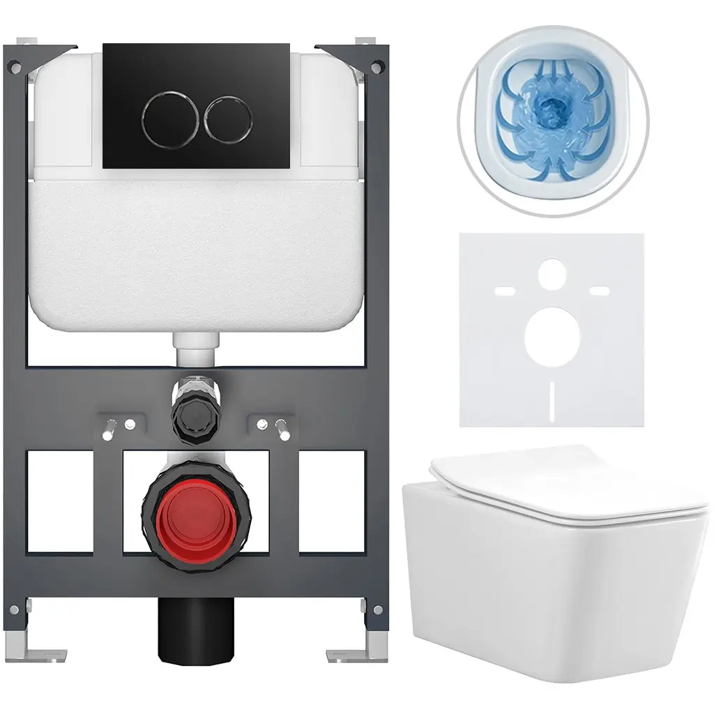 CERANO Kompletní WC set Basic/Forte bílá lesklá WC tlačítko Dualo/Černá závěsné nízký modul předstěnová instalace 51x36 CER-8050BD86114