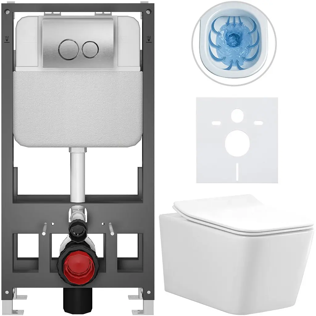 CERANO Kompletní WC set Basic/Forte bílá lesklá WC tlačítko Dualo/Stříbrná volně stojící předstěnová instalace 51x36  CER-8050BD86117