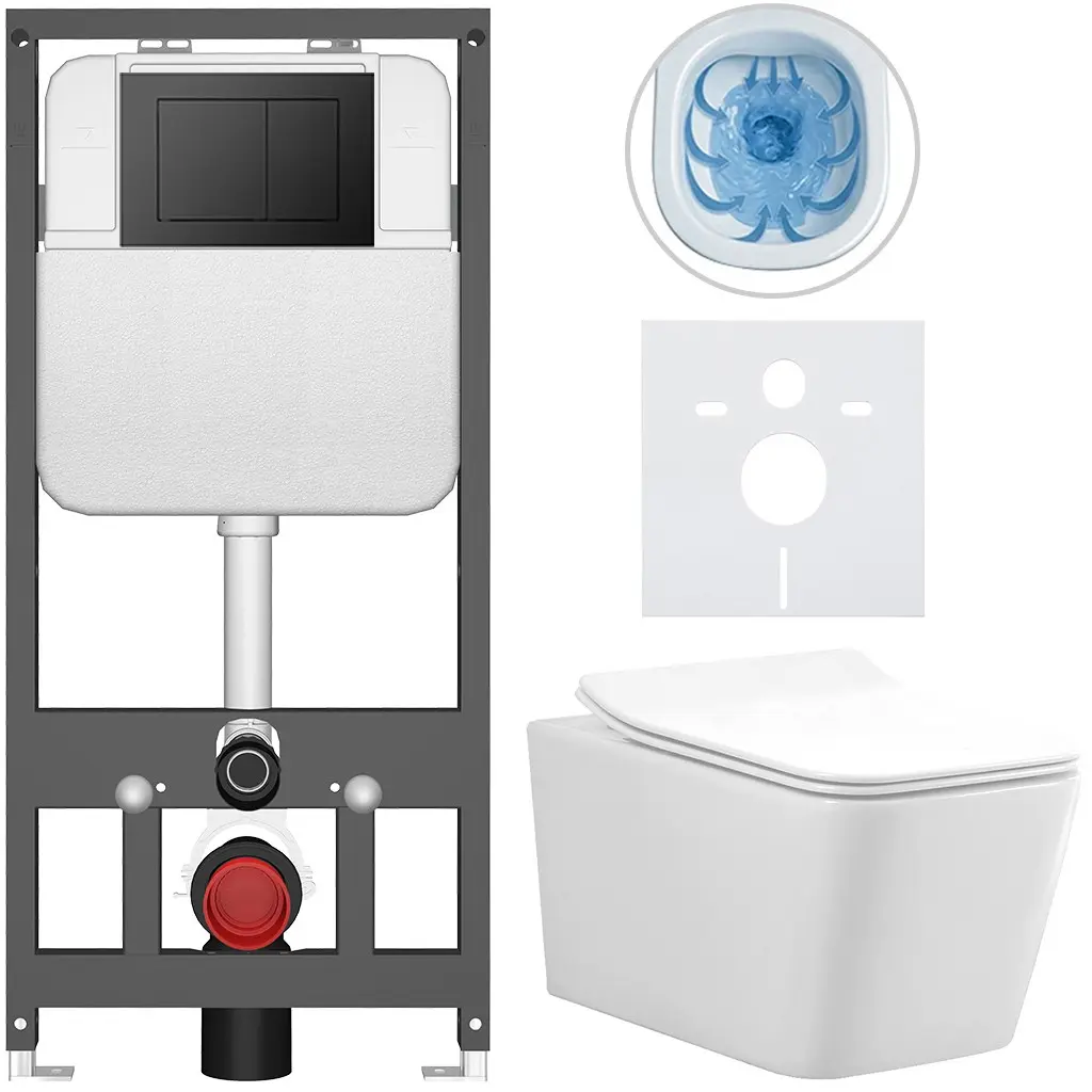 CERANO Kompletní WC set Basic/Forte bílá lesklá WC tlačítko Maxio/Černá závěsné předstěnová instalace 51x36  CER-8050BD86128