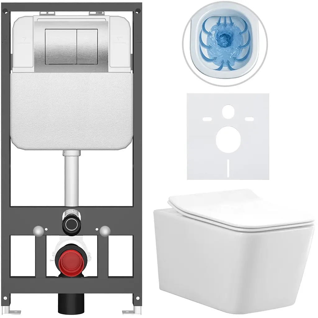 CERANO Kompletní WC set Basic/Forte bílá lesklá WC tlačítko Maxio/Stříbrná závěsné předstěnová instalace 51x36  CER-8050BD86133