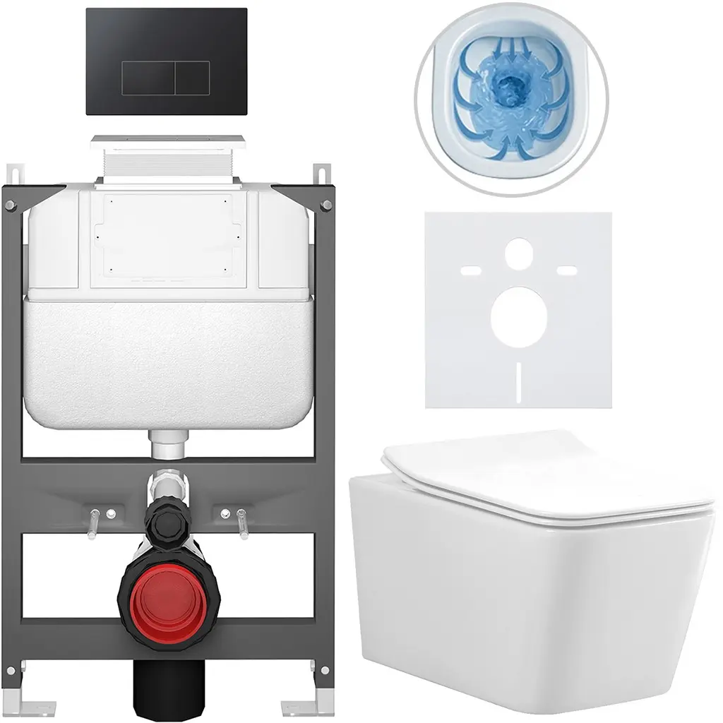 Kompletní WC set Basic/Forte - bílá lesklá - WC tlačítko Modulo/Černá - ovládání shora - předstěnová instalace - 51x36 cm
