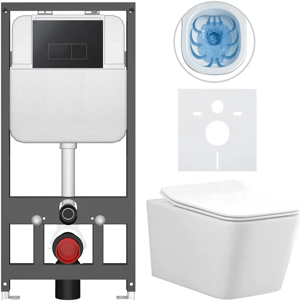 CERANO Kompletní WC set Basic/Forte bílá lesklá WC tlačítko Modulo/Černá závěsné předstěnová instalace 51x36  CER-8050BD86143