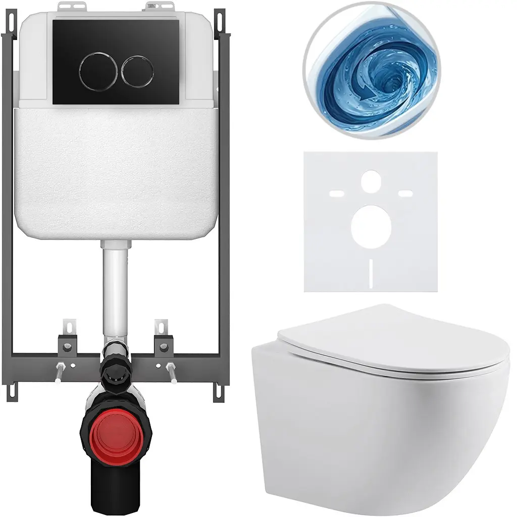 Kompletní WC set Basic/Cesso - bílá matná - WC tlačítko Dualo/Černá - pro zazdění - 49x36 cm - 8050BD86156
