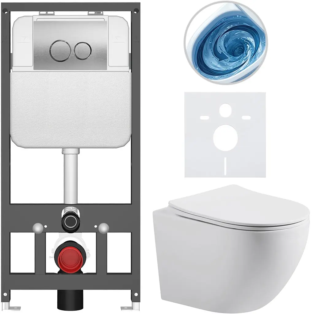 CERANO Kompletní WC set Basic/Cesso bílá matná WC tlačítko Dualo/Stříbrná závěsné předstěnová instalace 49x36  CER-8050BD86163
