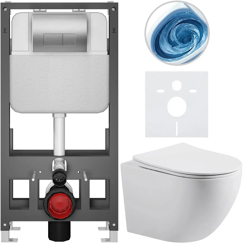 CERANO Kompletní WC set Basic/Cesso bílá matná WC tlačítko Modulo/Stříbrná volně stojící předstěnová instalace 49x36  CER-8050BD86192