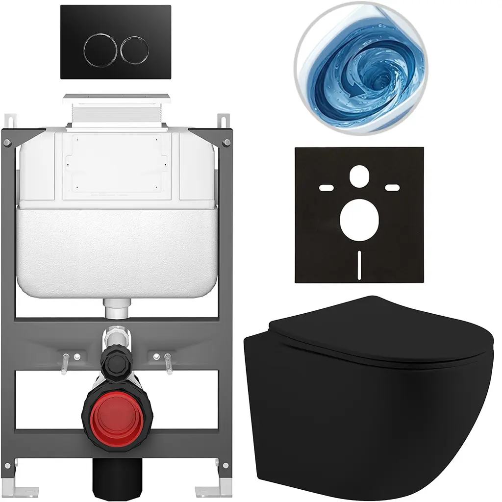 CERANO Kompletní WC set Basic/Cesso černá matná WC tlačítko Dualo/Černá ovládání shora předstěnová instalace 49x36  CER-8050BD86200