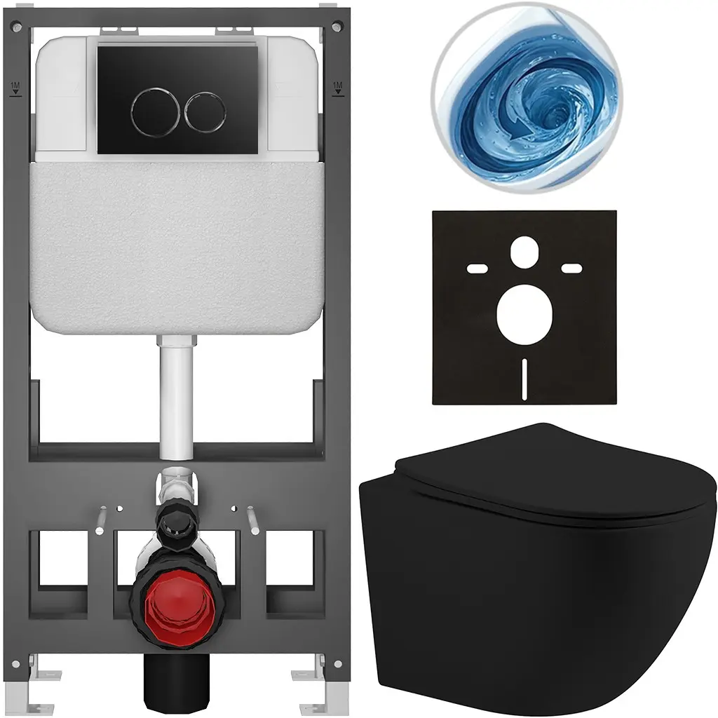 CERANO Kompletní WC set Basic/Cesso černá matná WC tlačítko Dualo/Černá volně stojící předstěnová instalace 49x36  CER-8050BD86202