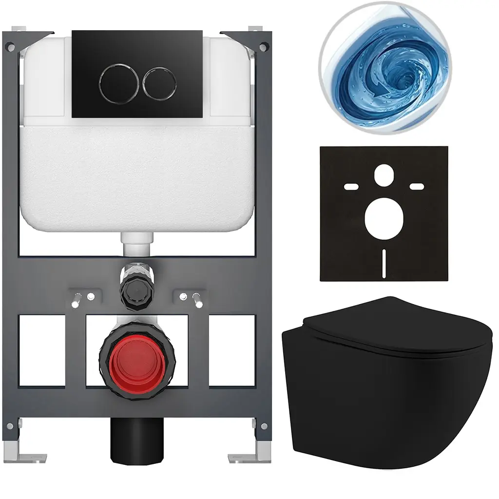 CERANO Kompletní WC set Basic/Cesso černá matná WC tlačítko Dualo/Černá závěsné nízký modul předstěnová instalace 49x36  CER-8050BD86204