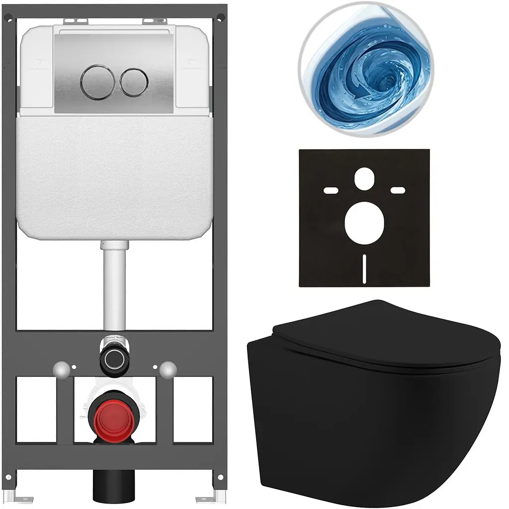 CERANO Kompletní WC set Basic/Cesso černá matná WC tlačítko Dualo/Stříbrná závěsné předstěnová instalace 49x36  CER-8050BD86208