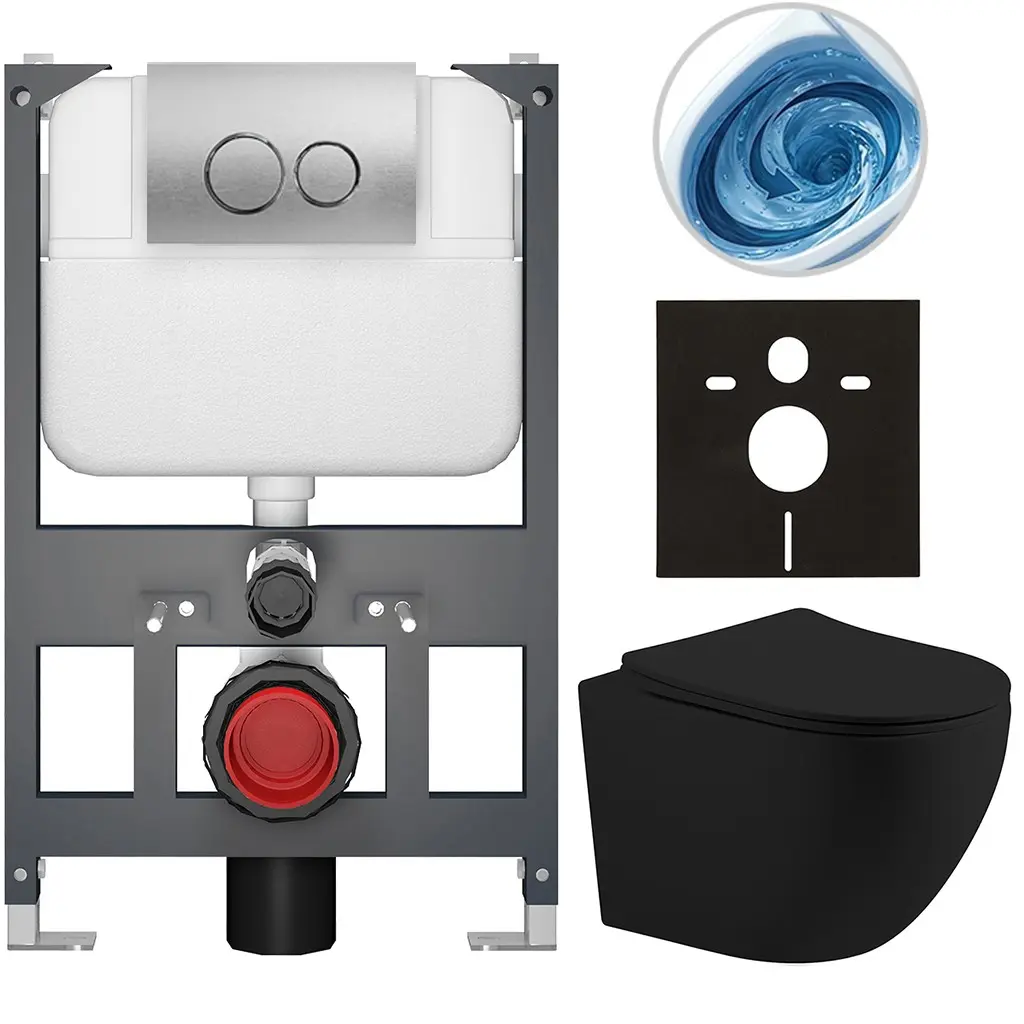 Kompletní WC set Basic/Cesso - černá matná - WC tlačítko Dualo/Stříbrná - závěsné - nízký modul - předstěnová instalace - 49x36 cm - 8050BD86209