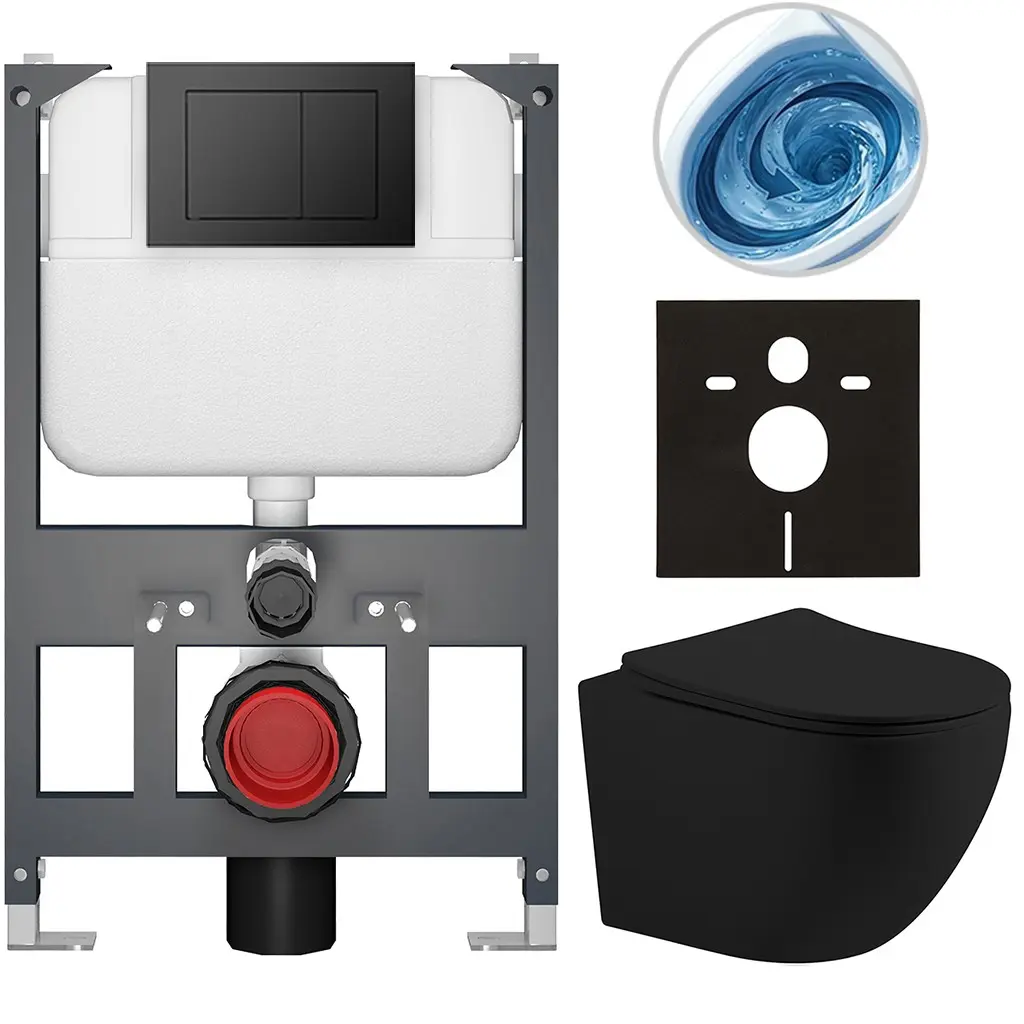 CERANO Kompletní WC set Basic/Cesso černá matná WC tlačítko Maxio/Černá závěsné nízký modul předstěnová instalace 49x36 CER-8050BD86219