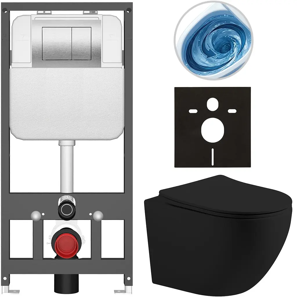 CERANO Kompletní WC set Basic/Cesso černá matná WC tlačítko Maxio/Stříbrná závěsné předstěnová instalace 49x36  CER-8050BD86223