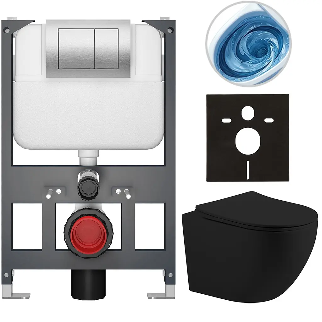 Kompletní WC set Basic/Cesso - černá matná - WC tlačítko Maxio/Stříbrná - závěsné - nízký modul - předstěnová instalace - 49x36 cm - 8050BD86224