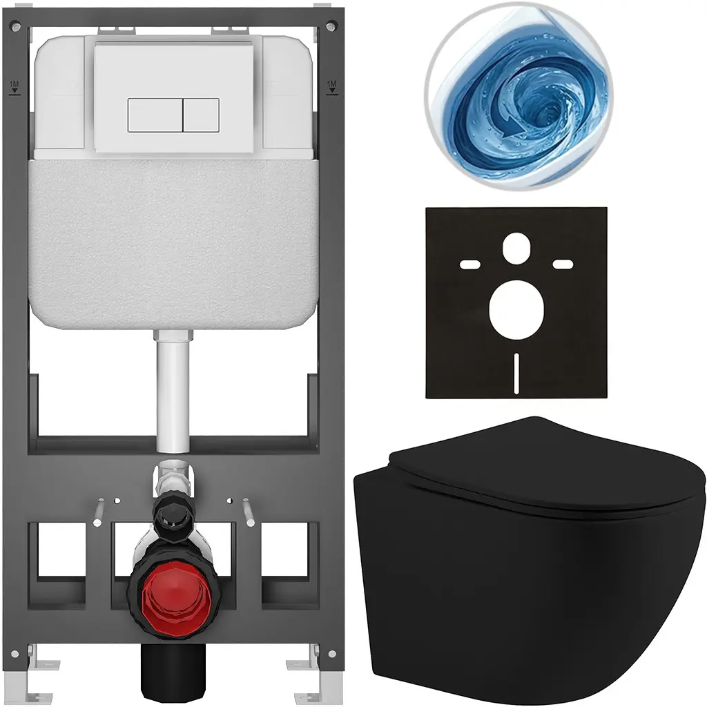 Kompletní WC set Basic/Cesso - černá matná - WC tlačítko Modulo/Bílá - volně stojící - předstěnová instalace - 49x36 cm - 8050BD86227