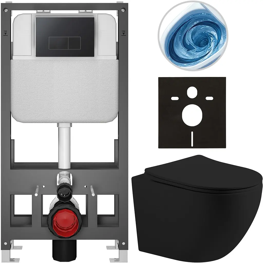 CERANO Kompletní WC set Basic/Cesso černá matná WC tlačítko Modulo/Černá volně stojící předstěnová instalace 49x36 CER-8050BD86232