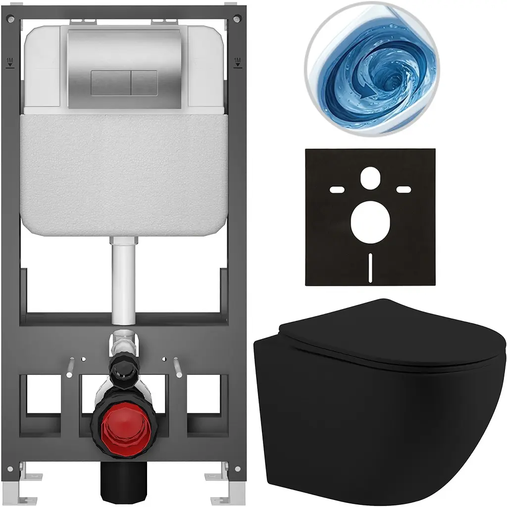 CERANO Kompletní WC set Basic/Cesso černá matná WC tlačítko Modulo/Stříbrná volně stojící předstěnová instalace 49x36  CER-8050BD86237