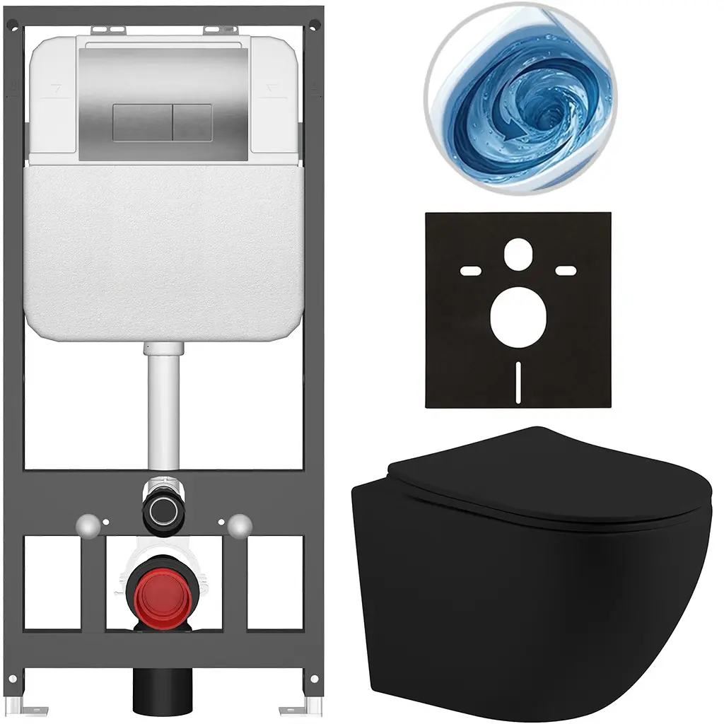 Kompletní WC set Basic/Cesso - černá matná - WC tlačítko Modulo/Stříbrná - závěsné - předstěnová instalace - 49x36 cm - 8050BD86238