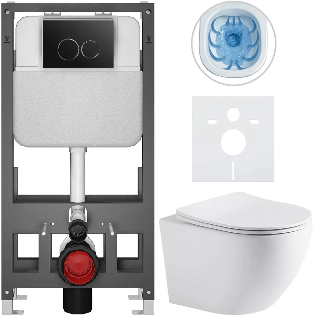 Kompletní WC set Basic/Cesso - bílá matná - WC tlačítko Dualo/Černá - volně stojící - předstěnová instalace - 49x36 cm - 8050BD86247