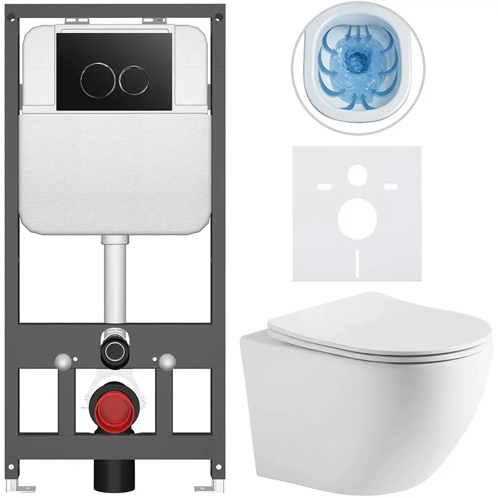 Kompletní WC set Basic/Cesso - bílá matná - WC tlačítko Dualo/Černá - závěsné - předstěnová instalace - 49x36 cm - 8050BD86248