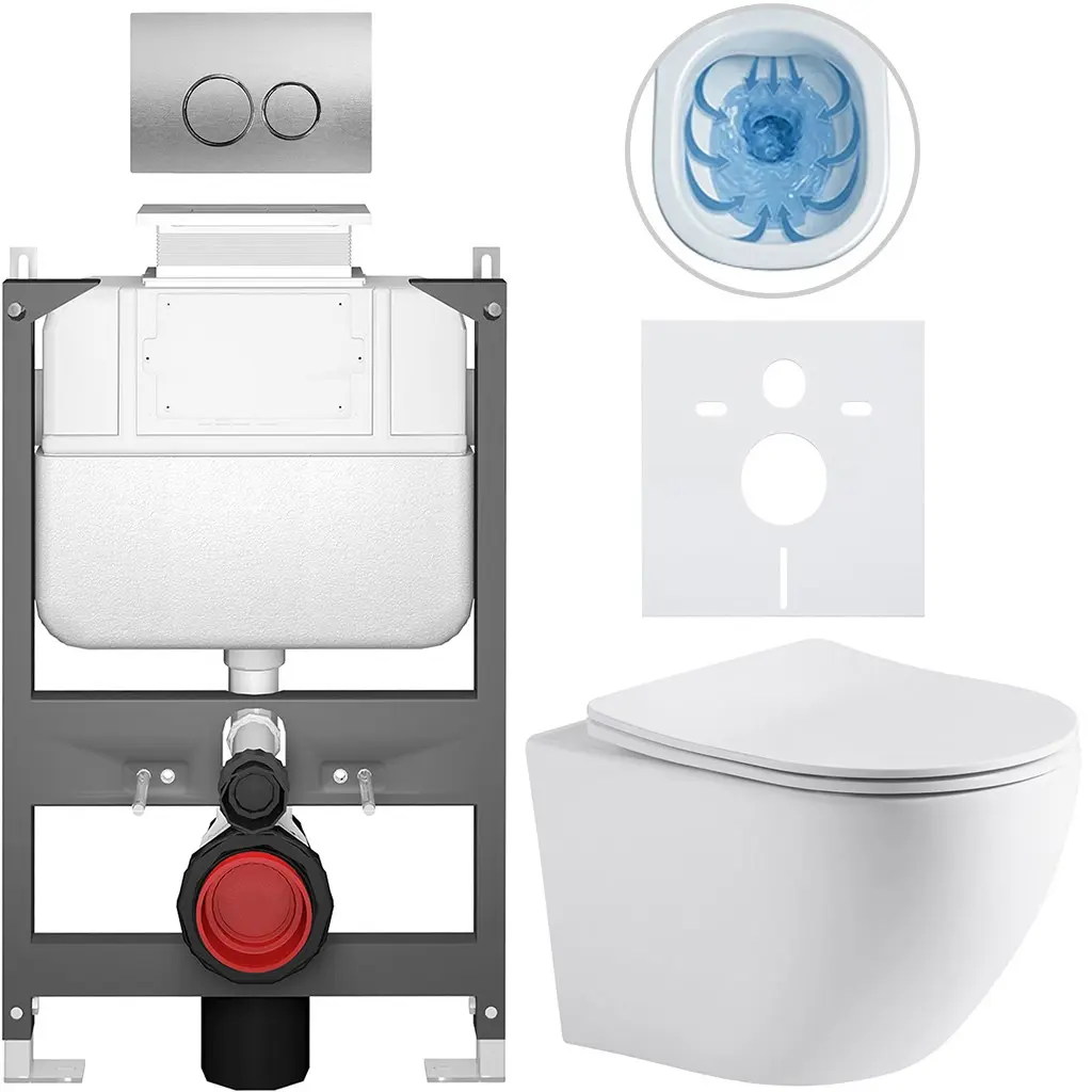 CERANO Kompletní WC set Basic/Cesso bílá matná WC tlačítko Dualo/Stříbrná ovládání shora předstěnová instalace 49x36  CER-8050BD86250