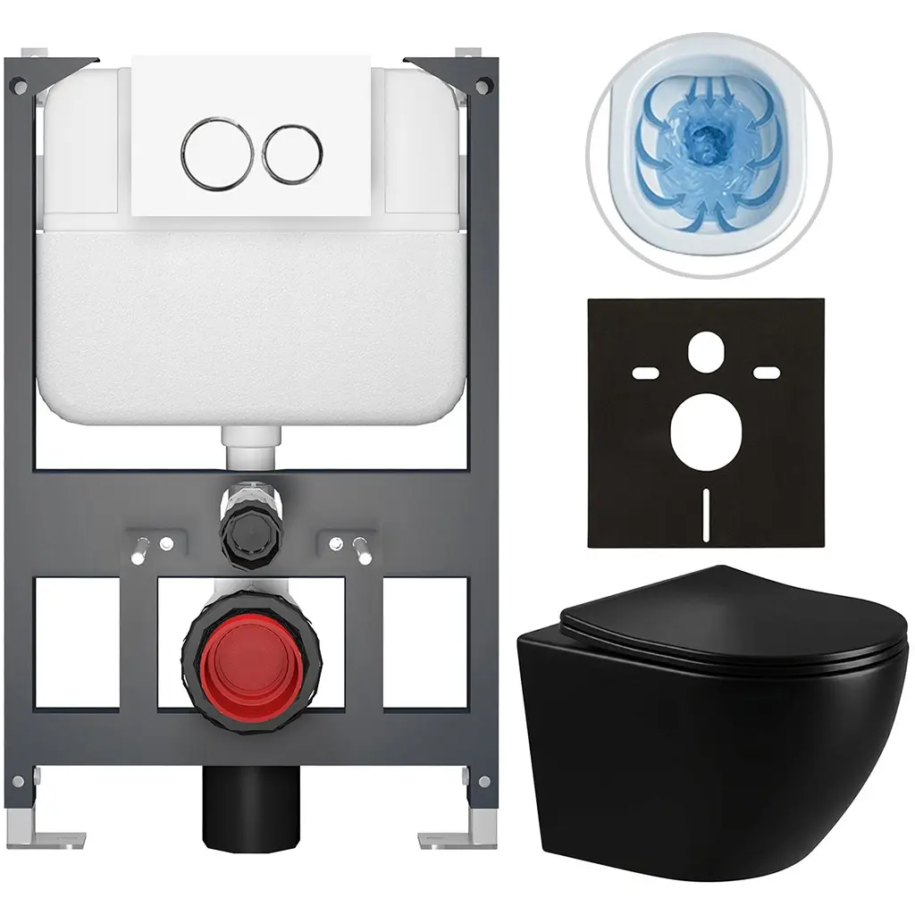 CERANO Kompletní WC set Basic/Cesso černá lesklá WC tlačítko Dualo/Bílá závěsné nízký modul předstěnová instalace 49x36  CER-8050BD86289
