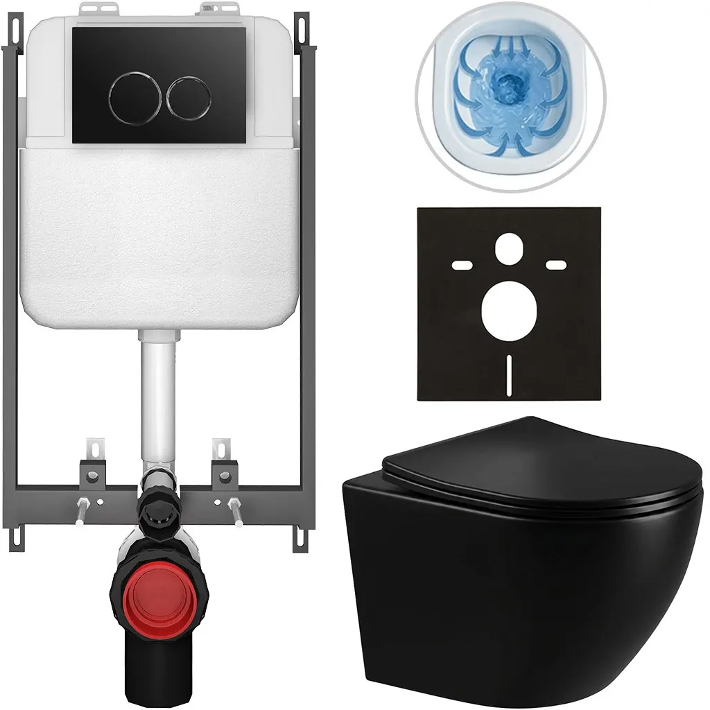 CERANO Kompletní WC set Basic/Cesso černá lesklá WC tlačítko Dualo/Černá pro zazdění 49x36  CER-8050BD86291