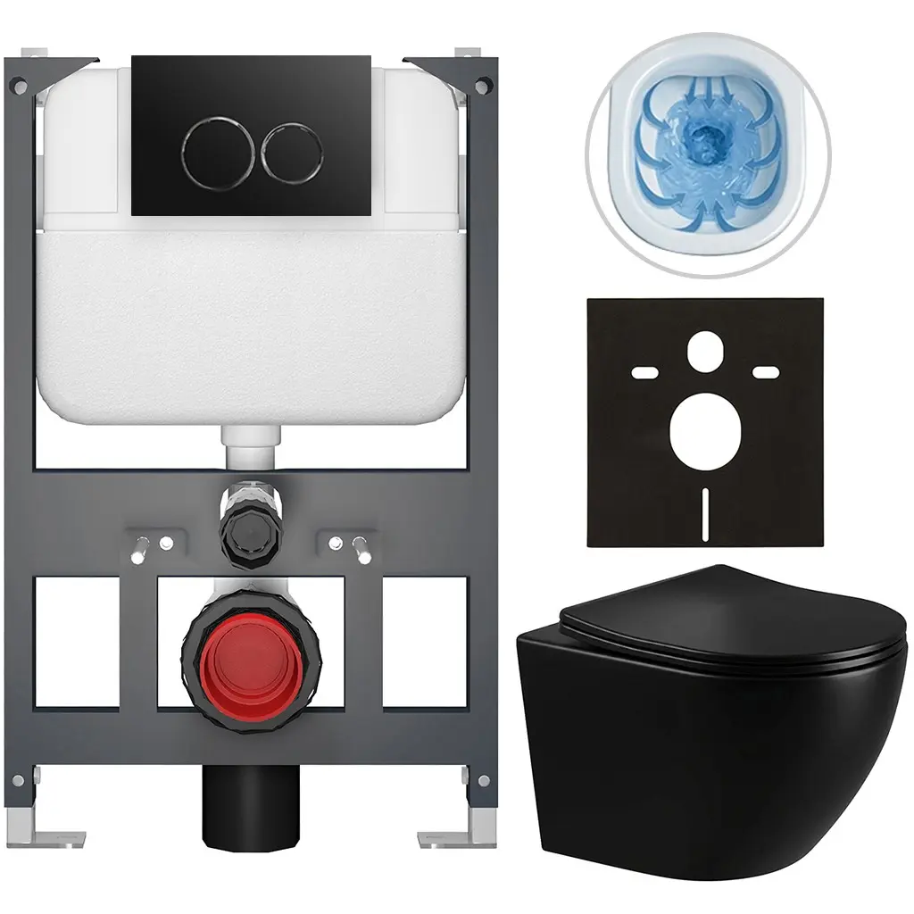 CERANO Kompletní WC set Basic/Cesso černá lesklá WC tlačítko Dualo/Černá závěsné nízký modul předstěnová instalace 49x36  CER-8050BD86294